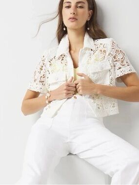 White House Black Market Lace Cropped Boho Short Sleeve Jacket Blazer White 6